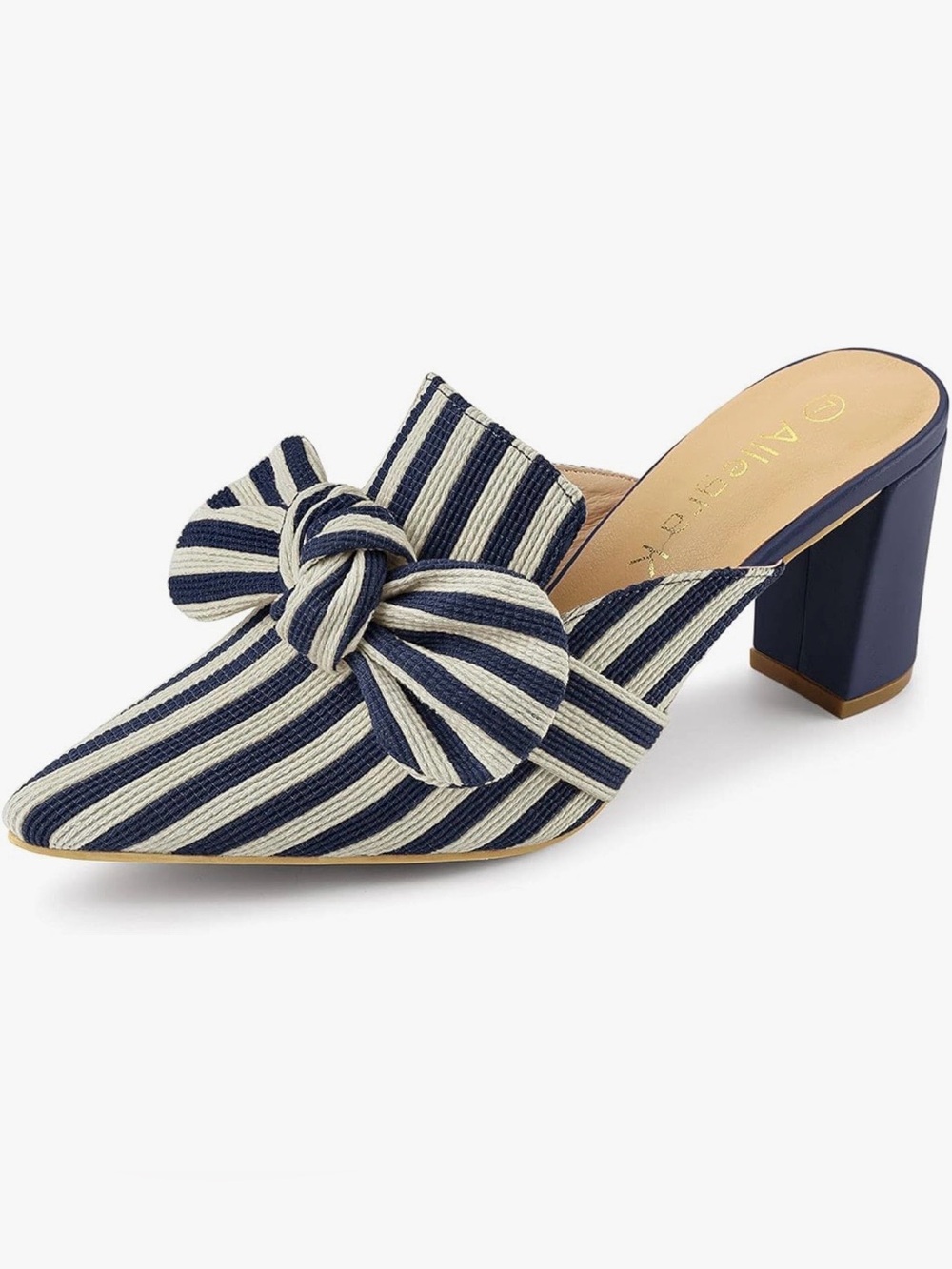 Allegra K Navy & Cream Striped Knot-Front Block Heel Mule